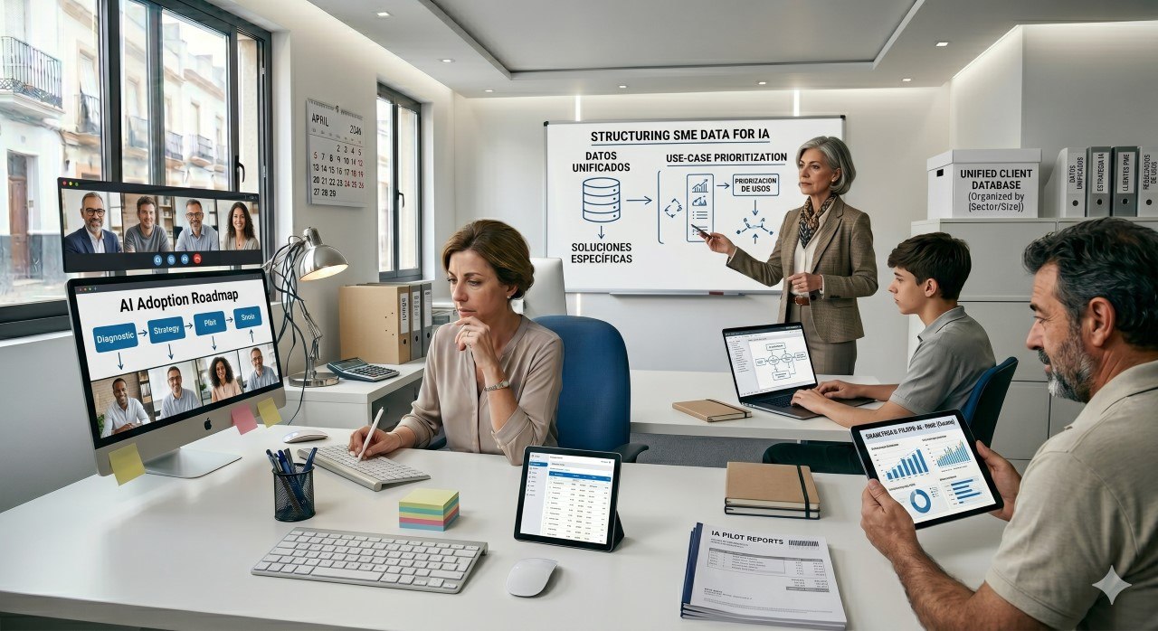 Equipo trabajando la adopción de IA con una mesa más ordenada, estructura clara y priorización de casos de uso