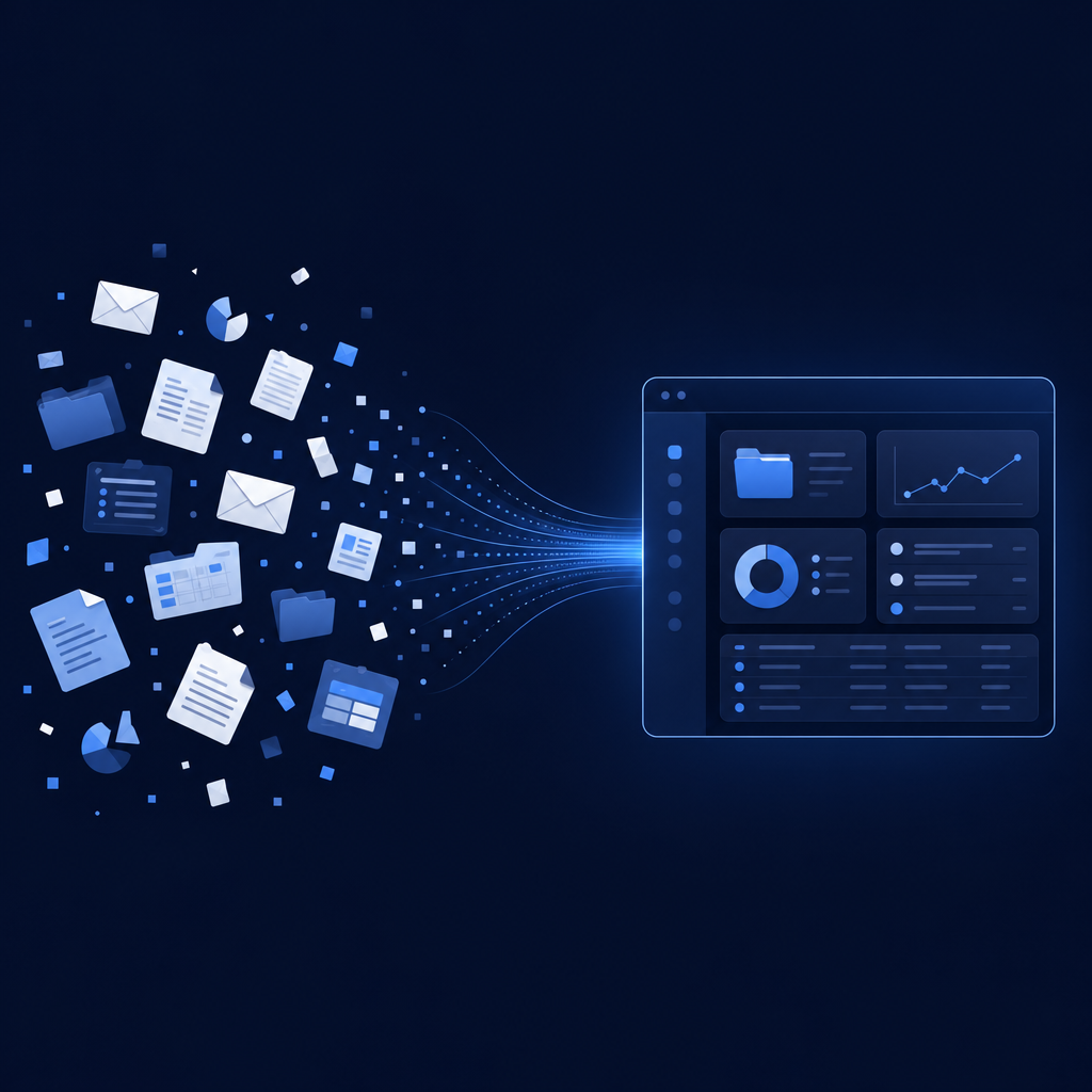 Ilustración de información dispersa en correos, documentos y herramientas