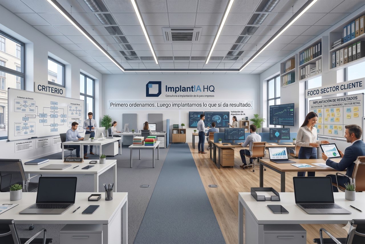 Equipo y operativa de ImplantIA HQ mostrando criterio, implantación y foco sector cliente